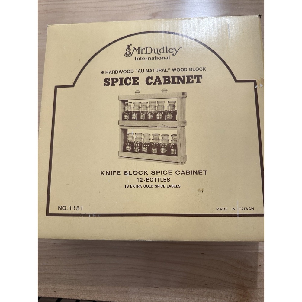 Mr Dudley Vintage Wood Spice Cabinet 12 Bottle Knife Block Wall Mount NIB 1151